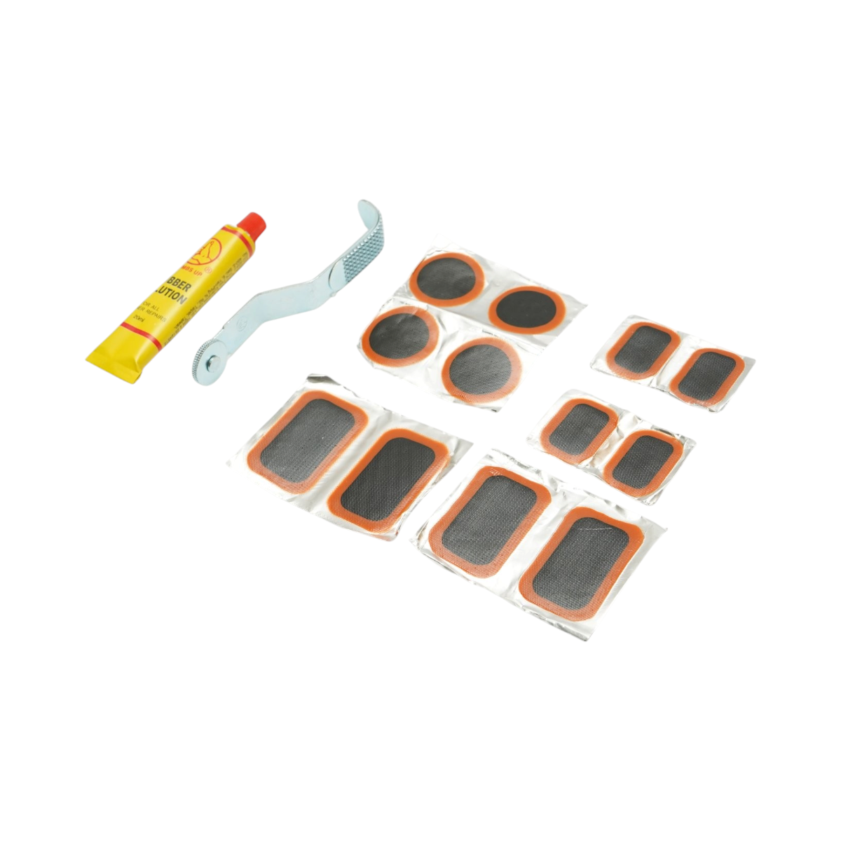 12 darabos gumifolt, defektjavító  gumiabroncsokhoz és belső tömlőkhöz 25x35mm, 35mm, 32x52mm + préshengerek + 1 db 20ml ragasztó tubus