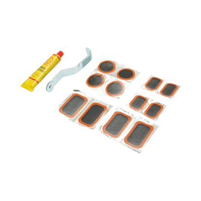 12 darabos gumifolt, defektjavító  gumiabroncsokhoz és belső tömlőkhöz 25x35mm, 35mm, 32x52mm + préshengerek + 1 db 20ml ragasztó tubus