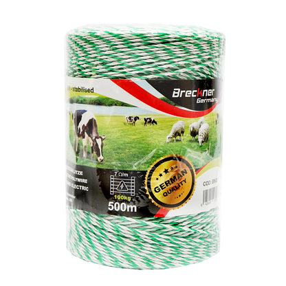 Fehér-zöld huzal tekercs 2.5mm fi 2.5mm fém betét 4x0.2mm SS, ellenállás 7 Ohm/m, 500m elektromos kerítés Breckner Germany