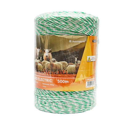 Fehér-zöld huzal tekercs 2.5mm fi 2.5mm fém betét 4x0.2mm SS, ellenállás 7 Ohm/m, 500m elektromos kerítés Thor