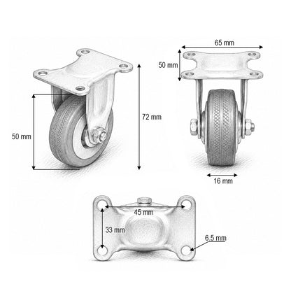 Rögzített kerék 50x16mm fék nélkül, kék tömör gumi, 65x50mm acél lemez 27kg
