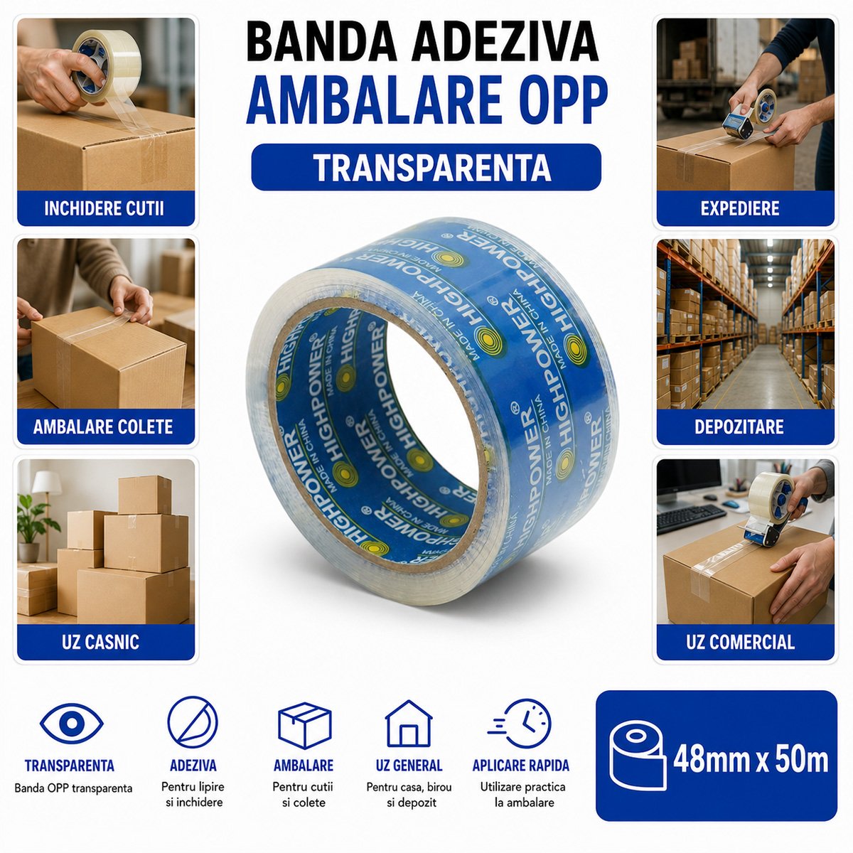 HighPower átlátszó OPP scotch ragasztószalag 48mm x 50m csomagoláshoz