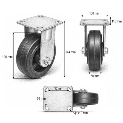 Rögzített ipari kerék 100x50mm fék nélkül, fekete tömör gumi, 115x100mm acéllemez 100kg