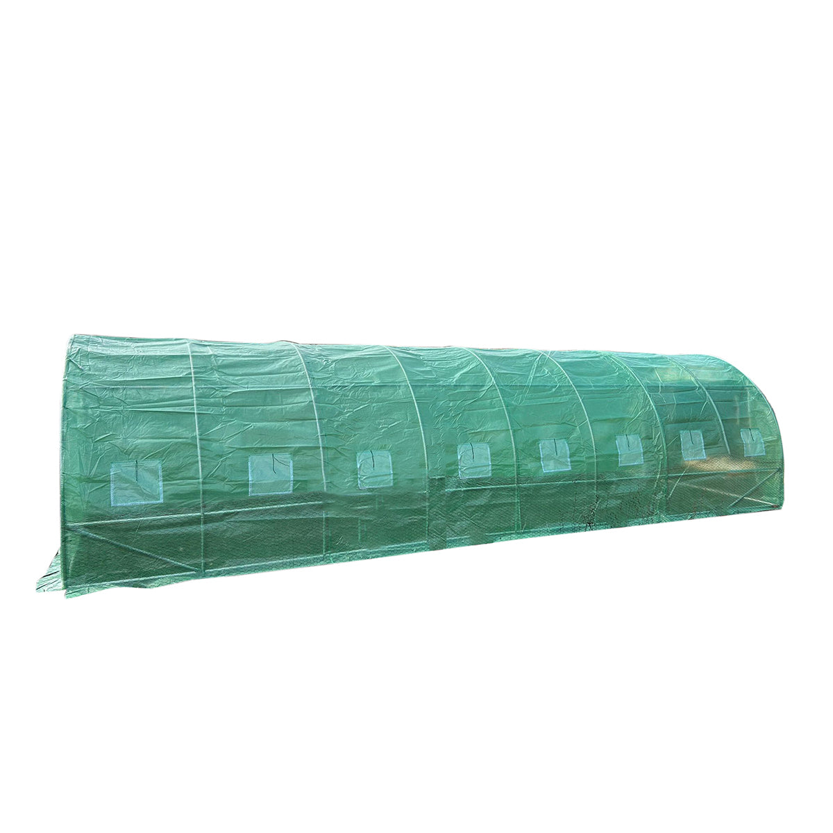 Kerti fóliasátor 800x300x200cm öntözőrendszerrel, zöld PE fólia 140g/mp UV hálóval, 16 ablak, 2 ajtó, 25mm horganyzott acélcső.