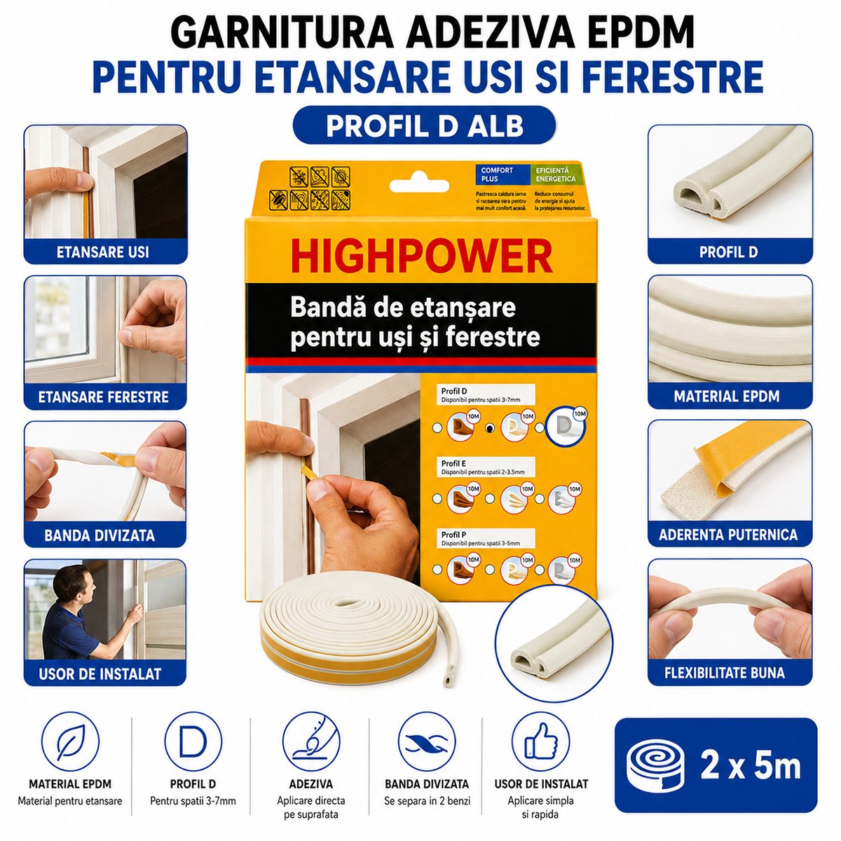 Ajtó- és ablaktömítés fehér öntapadó 10m, D profil 3-7mm, EPDM HighPower