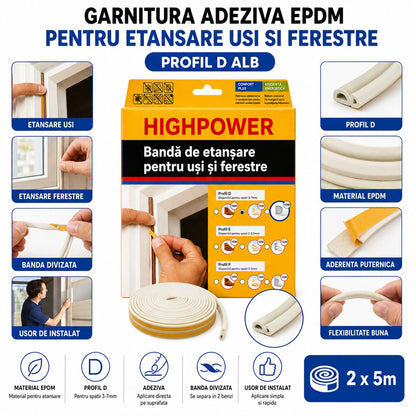 Ajtó- és ablaktömítés fehér öntapadó 10m, D profil 3-7mm, EPDM HighPower