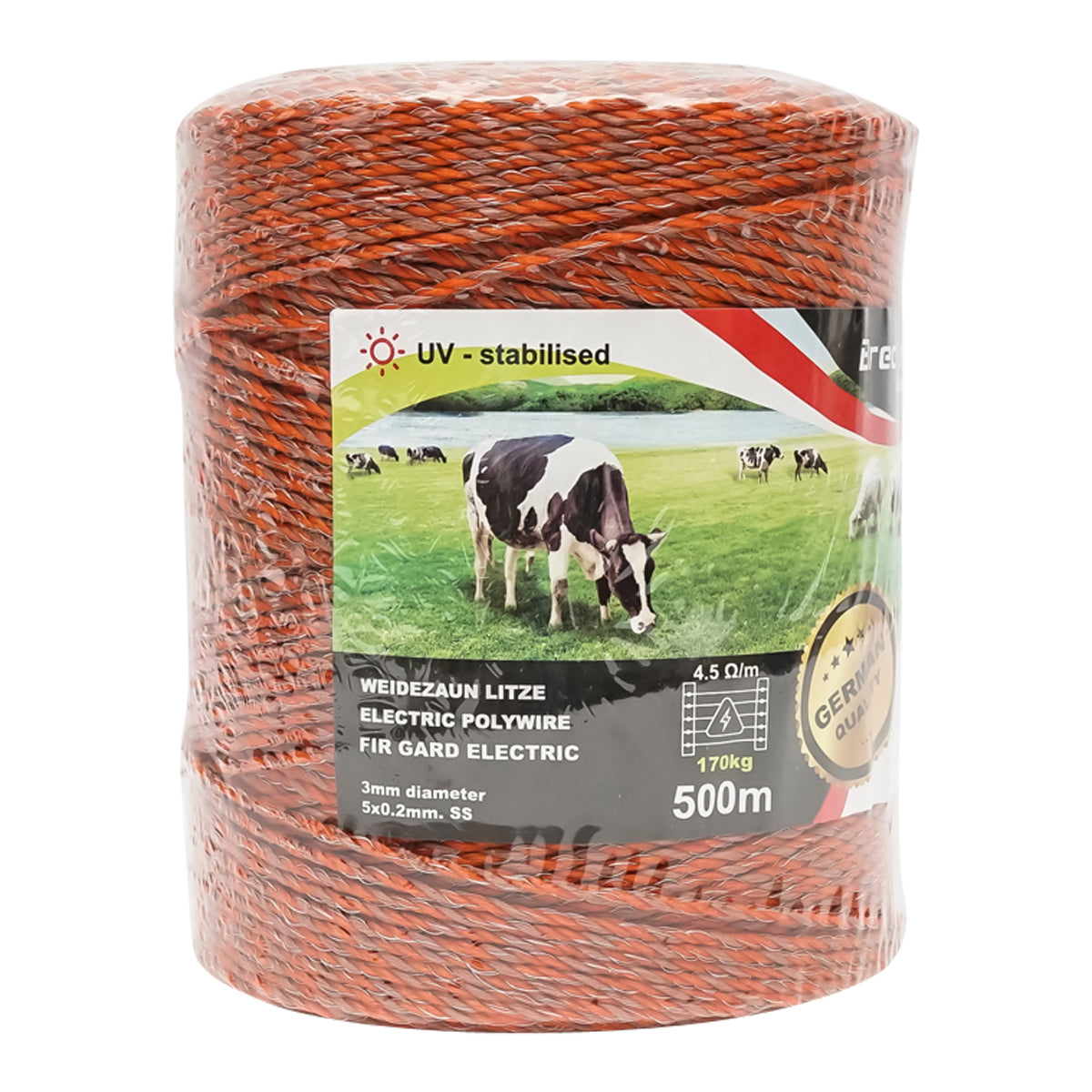 Narancssárga-barna cérna orsó fi 3mm 5x0.2mm SS, ellenállás 4.5 Ohm/m, 500m elektromos kerítés Breckner Germany