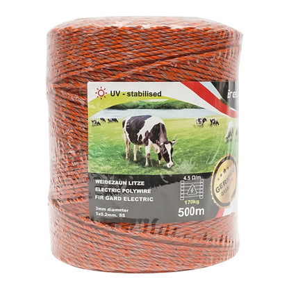 Narancssárga-barna cérna orsó fi 3mm 5x0.2mm SS, ellenállás 4.5 Ohm/m, 500m elektromos kerítés Breckner Germany