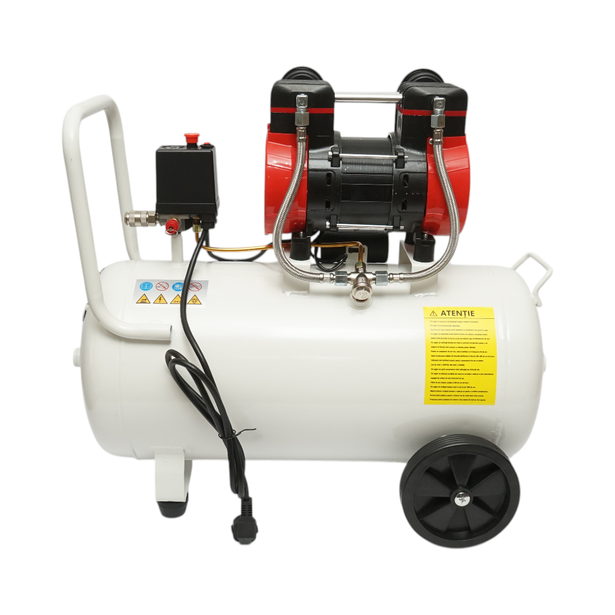 50 literes légkompresszor, 2 hengeres 1,5 kW/2,1 LE motor, maximális nyomás 8 bar, levegőbeömlési térfogat 155 l/perc Breckner Germany