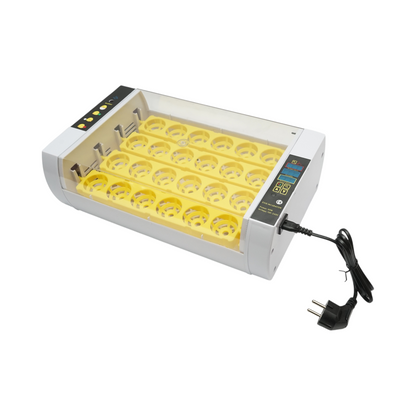 Automatikus keltető 24 tojás 60W, 220V, automatikus forgatással, hőmérséklet-szabályozással, páratartalom-szabályozással, digitális kijelzővel, LED megvilágítású tálcával.