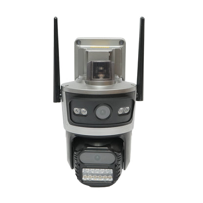 4 MP kettős lencsés megfigyelő kamera, 4G sim kártya, WIFI 2,4 GHz 7,6 W-os napelemmel, 18650-es akkumulátor gyors töltés, 360 fokos PTZ forgó 360 fokos PTZ mozgásérzékelővel, emberi PIR érzékeléssel, riasztás, éjjellátó és iCSee alkalmazással.