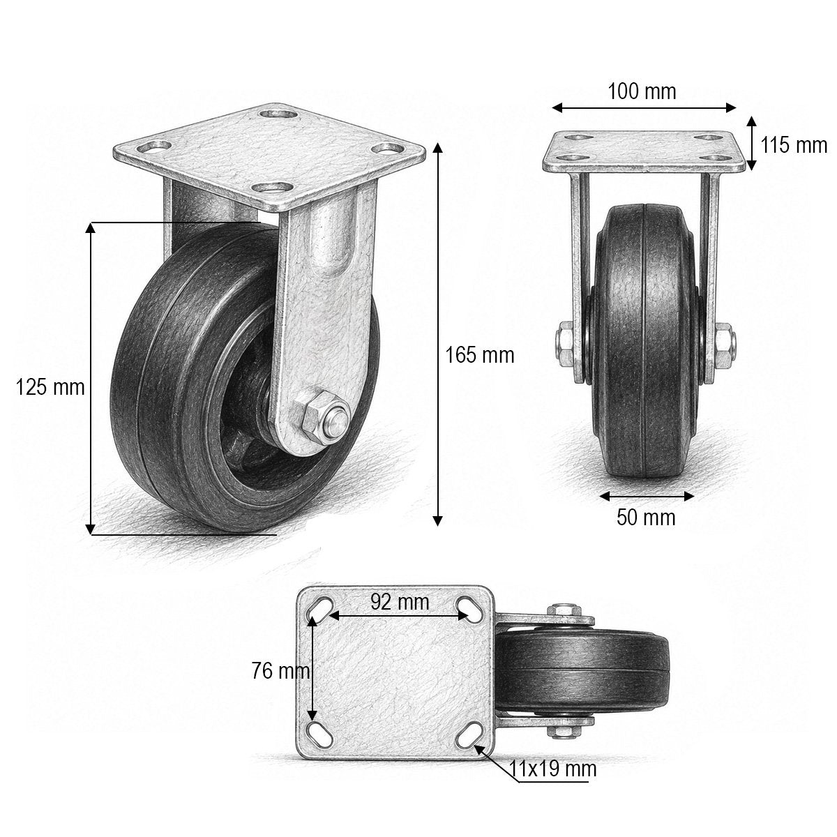 Rögzített ipari kerék 125x50mm fék nélkül, fekete tömör gumi, 115x100mm acél lemez 130kg