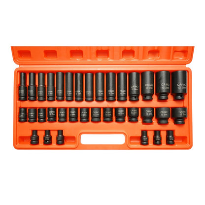 Breckner Germany ütközőkulcs készlet, Ütődugókulcs készlet 8-32mm és hosszú 10-32mm, 1/2 inch négyzet Cr-Mo 35 darab