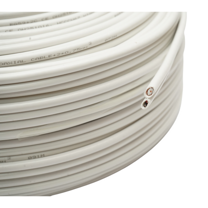 RG59 koaxiális CCTV sziámi kábel réz + tápellátás 2x0.75mm CCA, 75 Ohm, PVC fehér 100m/tekercs