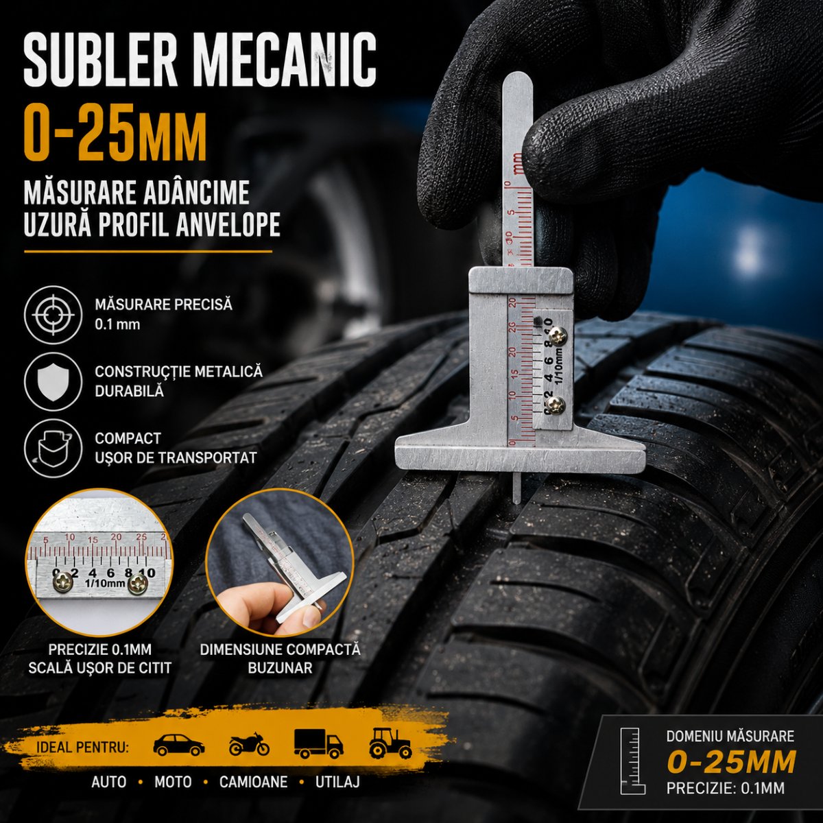 Subler mechanikus mélységmérő kopásprofilhoz 0-25mm