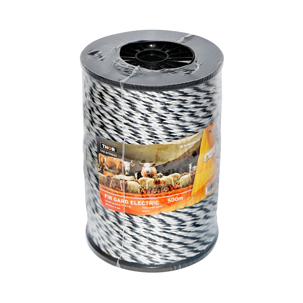 Fekete-fehér drót orsó 4mm fém betét 3x0.2mm SS, ellenállás 9 Ohm/m, 500m elektromos kerítés Thor