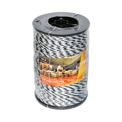 Fekete-fehér drót orsó 4mm fém betét 3x0.2mm SS, ellenállás 9 Ohm/m, 500m elektromos kerítés Thor