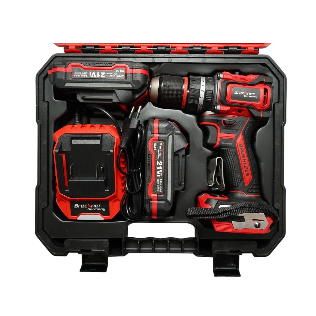 Fúró- és csavarbehajtó gép ütőfunkcióval 500W, 2 akkumulátor 21V, 1.5Ah Li-ion, LED, brushless, 50Nm, 13mm tokmány, 0-500/1600rpm Breckner Germany