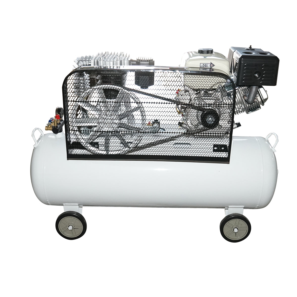 200 literes szíjhajtású légkompresszor, kompresszor 13 LE-s benzinmotor, maximális nyomás 8 bar, levegőbeömlési térfogat 600 l/perc Breckner Germany