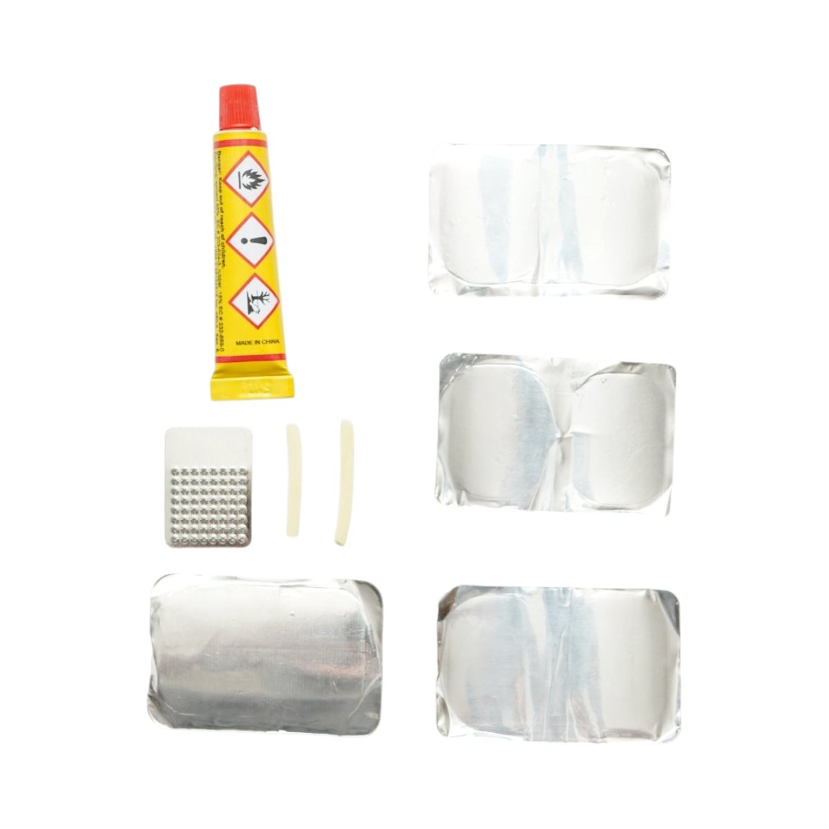 12 darabos gumifolt szett, defekt javító,kerékpár, motorkerékpár, talicska, tuk-tuk kamera javításához 24x35mm, 32x50mm + 1 db 8ml ragasztó