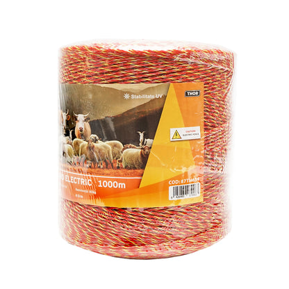 Sárga-piros drót 2mm fém betét 6x0.15mm SS, ellenállás 8 Ohm/m, 1000m elektromos kerítés Thor