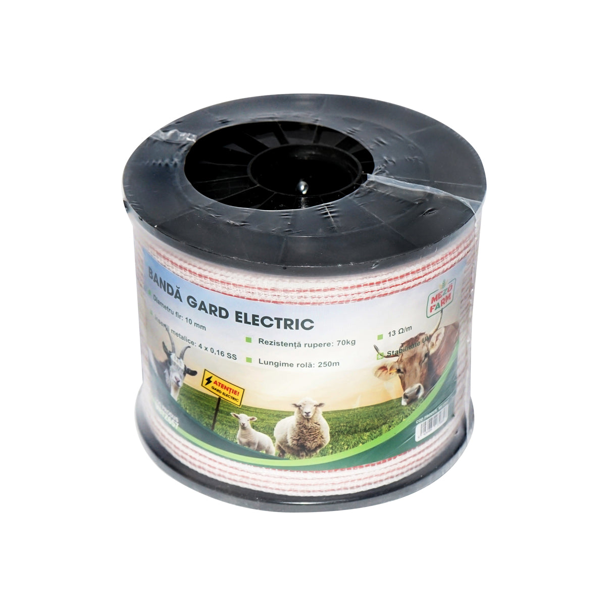 Piros-fehér 10mm piros-fehér szalag tekercs fém betét 4x0.16mm SS, ellenállás 13 Ohm/m, 250m elektromos kerítés Mezofarm