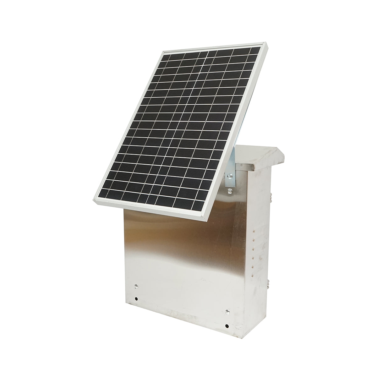 Impulzusgenerátor 12 Joule, DC12V/220V. 30W-os napelemmel és 12V 12Ah akkumulátorral rozsdamentes acél doboz, elektromos kerítéshez Breckner Germany.