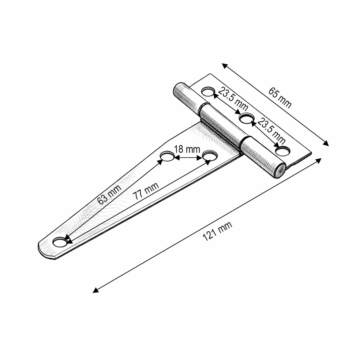 T típusú ajtópánt 65x121mm, fekete acél, csavarokkal