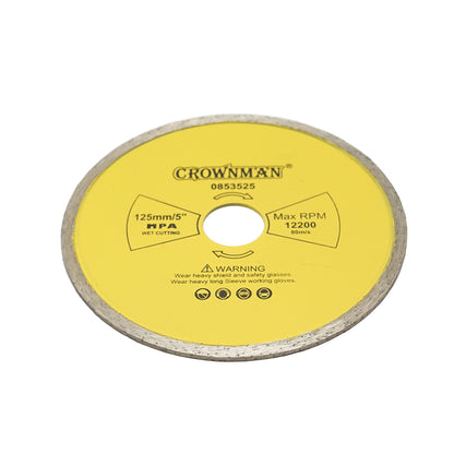 Folyamatos gyémánt vágótárcsa 125x22.23mm, max. fordulatszám 12200rpm, nedves vágás kőhöz, kerámia, gránit, homokkő, márvány Crownman