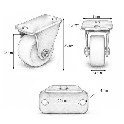 Rögzített kerék 25x14mm fék nélkül, fehér polipropilén, acél lemez 37x19mm 10kg