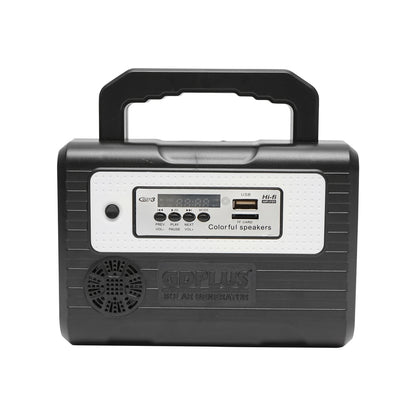 Hordozható LED világító készlet 3 izzóval / reflektorral, FM rádióval, napelemes távirányítóval és 6V, 2 Ah akkumulátorral horgászáshoz, kempingezéshez GD-8028