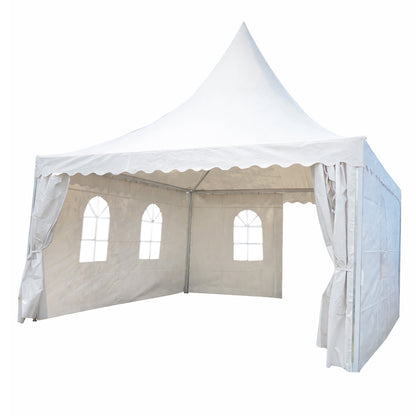 Pagoda típusú eseménysátor pavilon 5x5m, fehér UV-álló vízálló, PVC 750g/m2 tetőzet, acél-alumínium keret 48x48x2.5mm