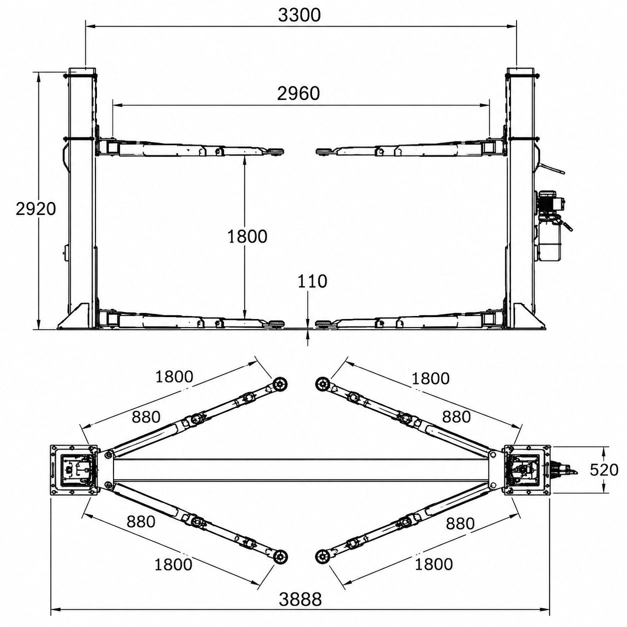 Kétoszlopos autóemelő 380V, 2.2kW, 5000kg emelőkapacitás, mechanikus kioldás, 1800mm emelési magasság
