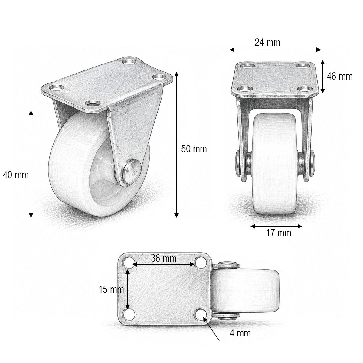 Rögzített kerék 40x17mm fék nélkül, fehér polipropilén, acél lemez 46x24mm 20kg