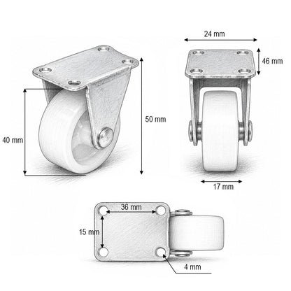 Rögzített kerék 40x17mm fék nélkül, fehér polipropilén, acél lemez 46x24mm 20kg