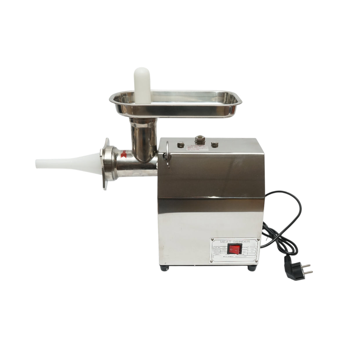 Elektromos húsdaráló rozsdamentes acél + acél 1200W, 220V, 100 kg/h kapacitás, kolbászadapter, 1 szita és 1 kés mellékelve 340x185x365mm