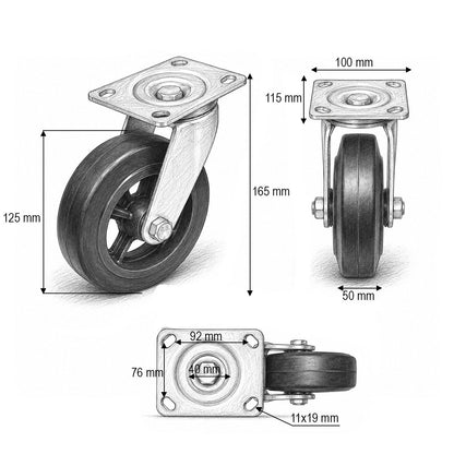 Ipari forgókerék 125x50mm fék nélkül, fekete tömör gumi, acél lemez 115x100mm 130kg