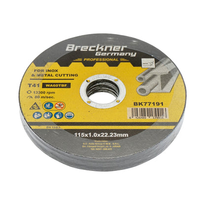 Vágókorong, rozsdamentes acél vágáshoz T41 115x1.0x22mm Breckner Germany A feltüntetett ár 1db! 10db/csomag