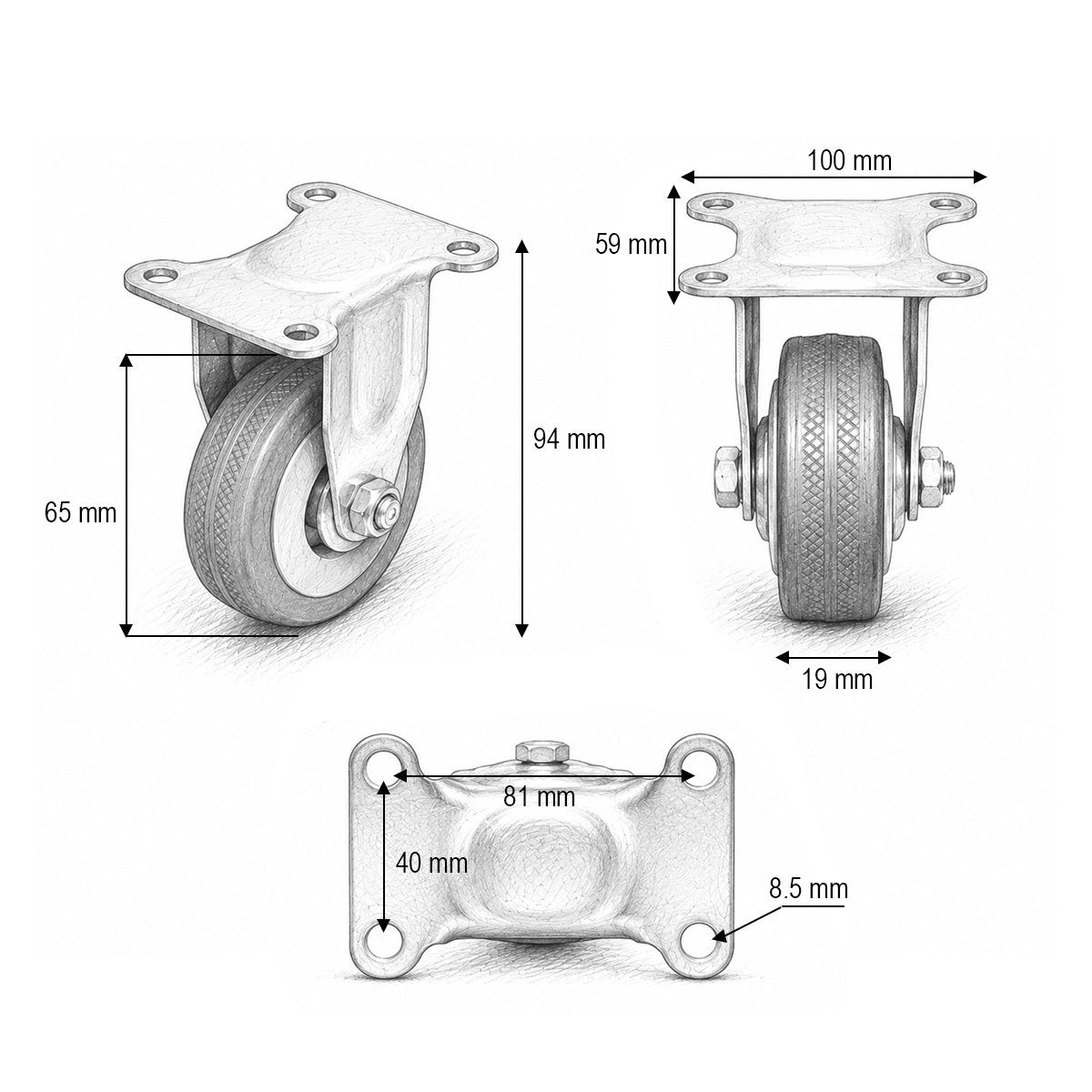 Rögzített kerék 65x19mm fék nélkül, kék tömör gumi, acél lemez 100x59mm 35kg