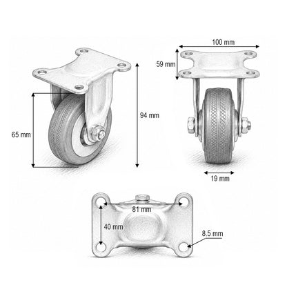 Rögzített kerék 65x19mm fék nélkül, kék tömör gumi, acél lemez 100x59mm 35kg
