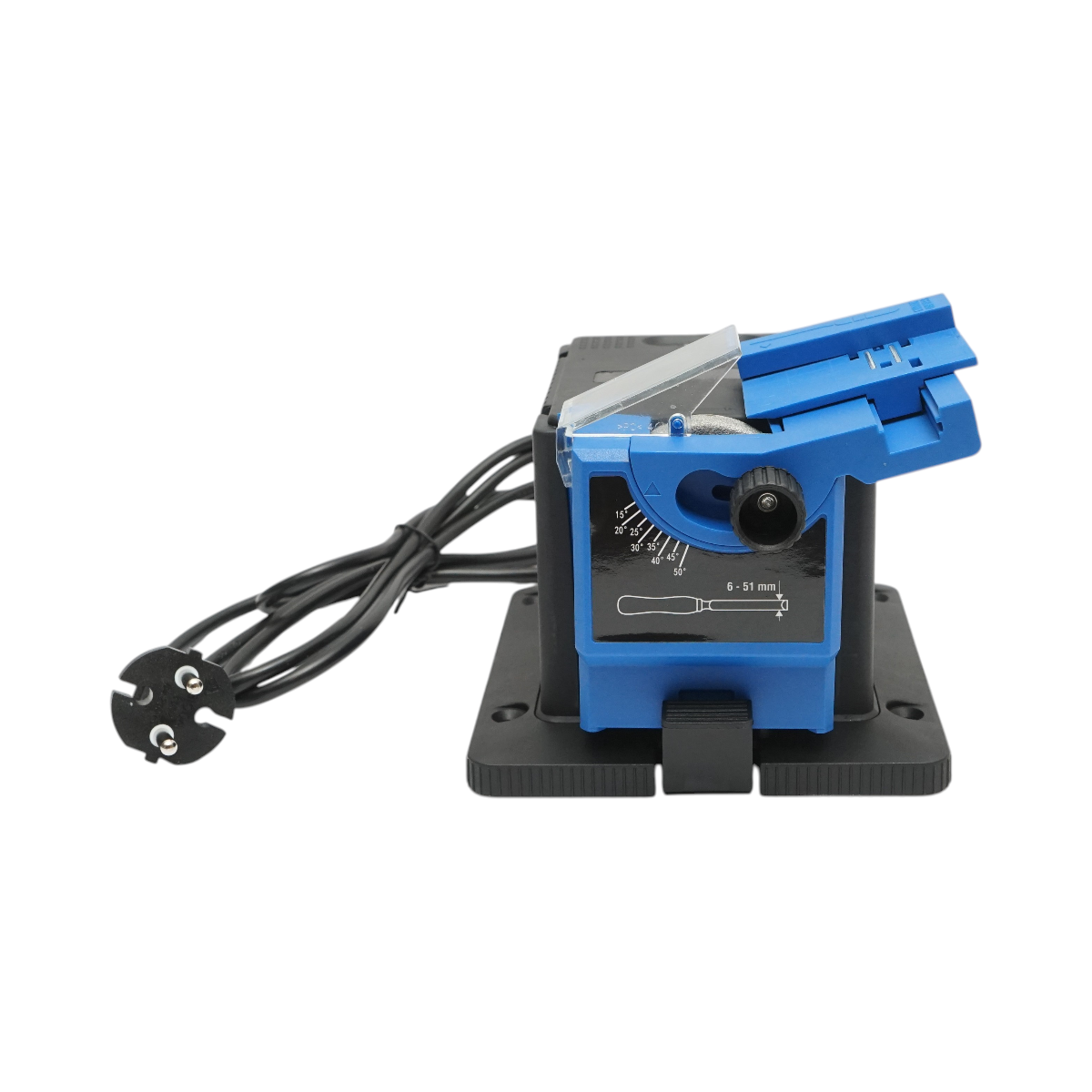 Elektromos kés élességítő gép 220V, 65W, 7000rpm, szög 15-50°, élességítési szélesség 6-51mm, fúrók 3-13mm, olló, vésők, gyalufák