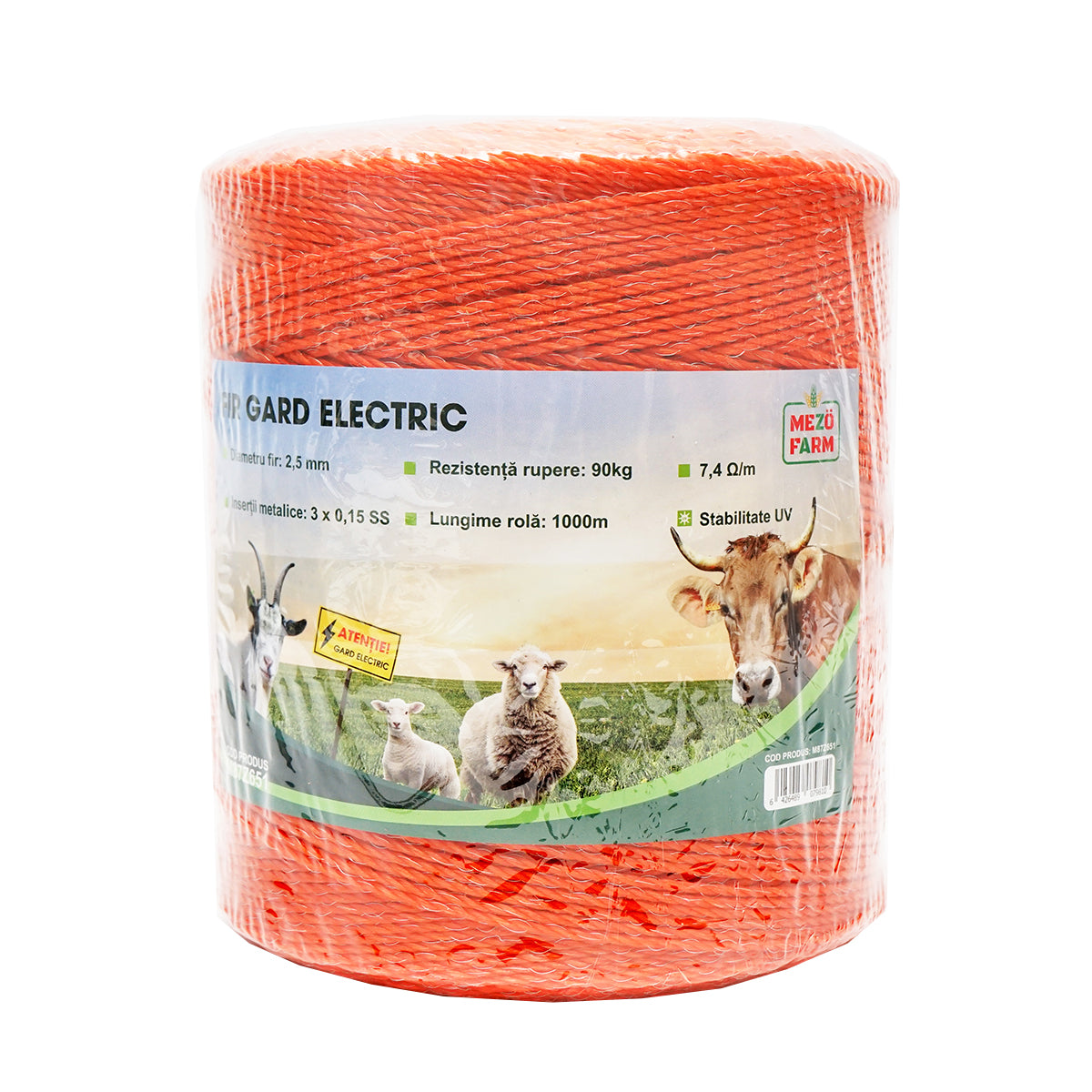 Narancssárga huzal tekercs, 2,5 mm-es menet, fém betét 3x0,15 mm SS, ellenállás 7,4 Ohm/m, 1000 m elektromos kerítés Mezofarm