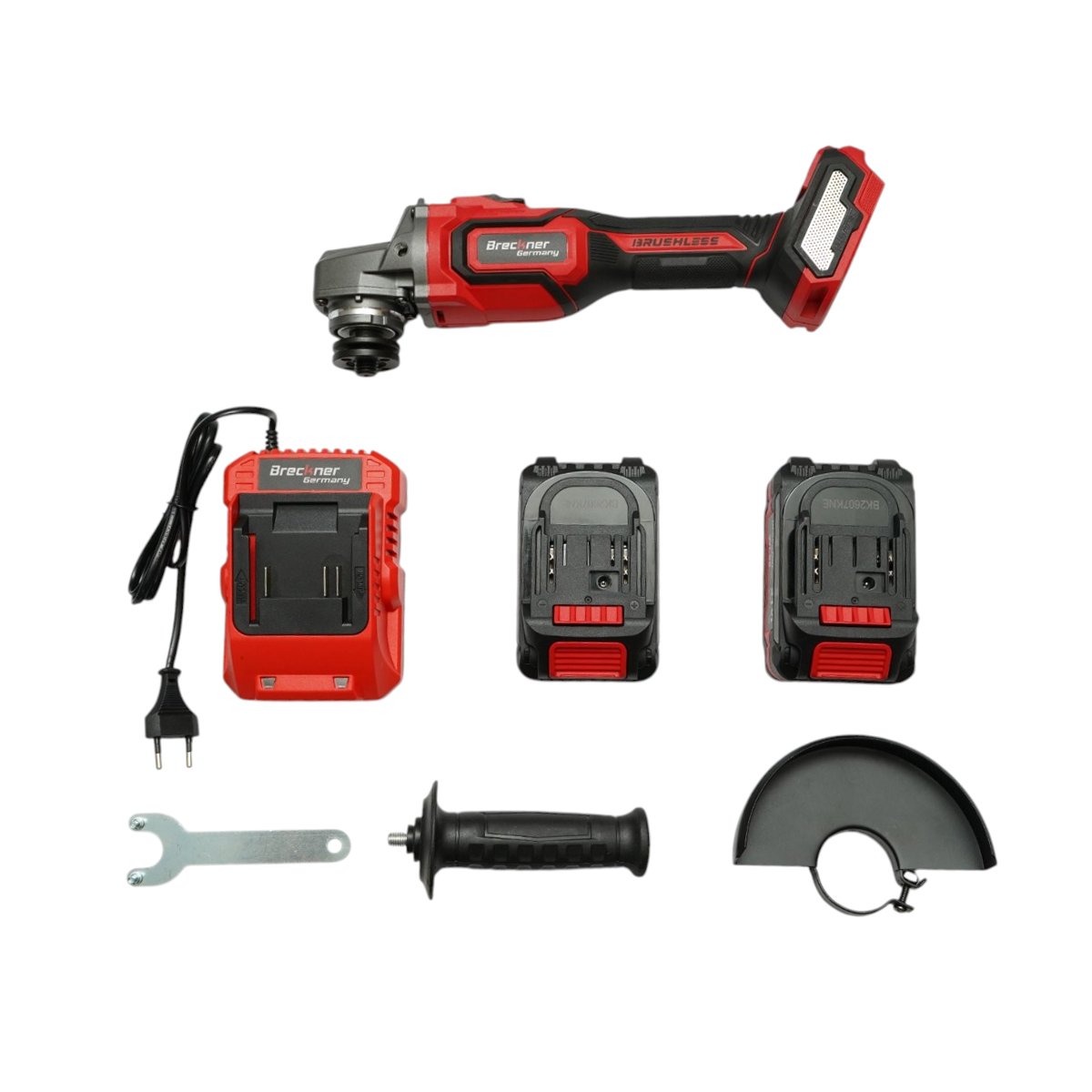 Sarokcsiszoló 1000W 2 db 21V, 4Ah Li-ion akkumulátorral, 125mm korong, brushless, elektromágneses fék, 3 fokozatú fordulatszám 5000/7000/9500rpm Breckner Germany