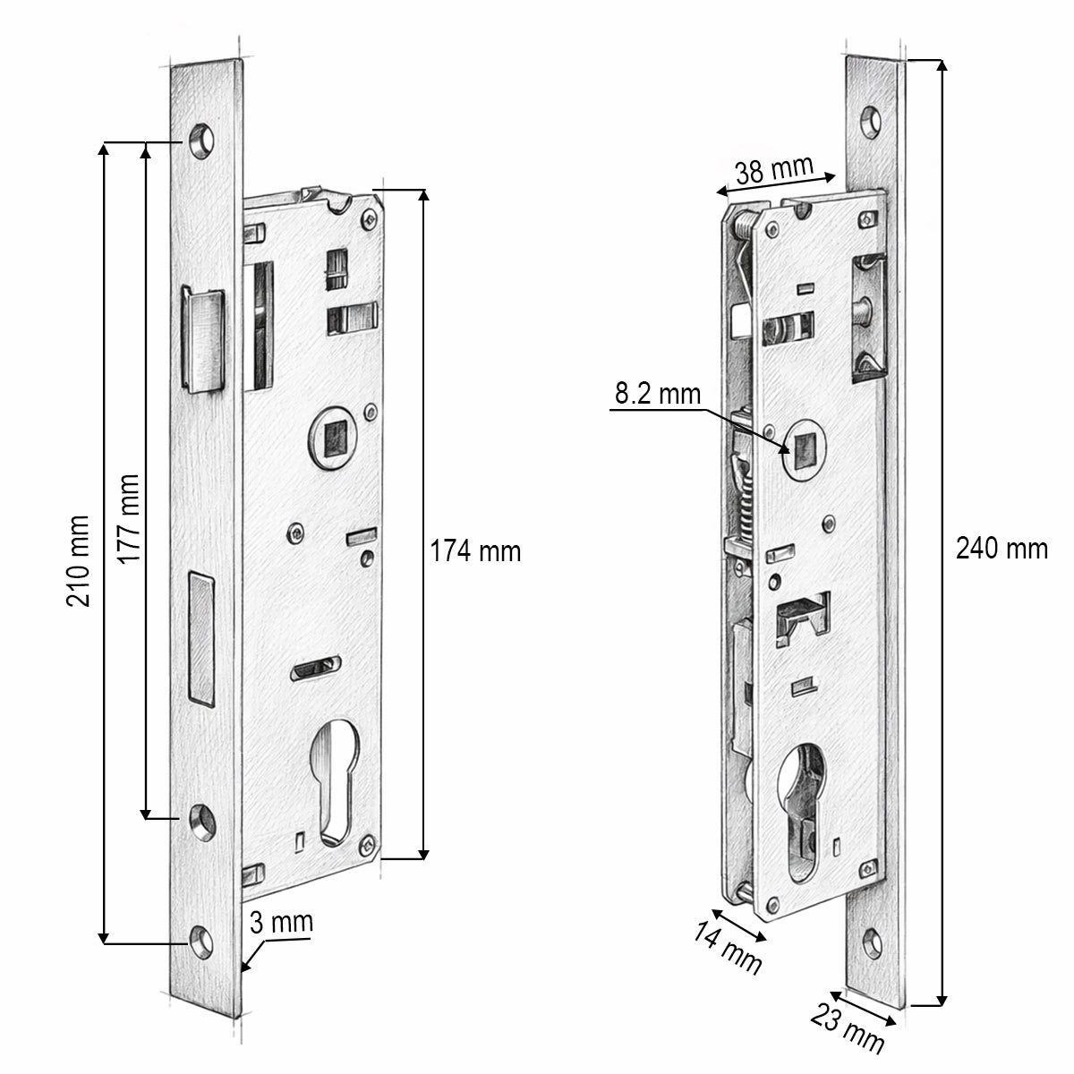 Beépített ajtózár nyelvvel 38x174mm, előlap 23x240mm, szatén nikkel, csavarok mellékelve