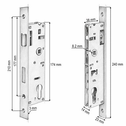 Beépített ajtózár nyelvvel 38x174mm, előlap 23x240mm, szatén nikkel, csavarok mellékelve