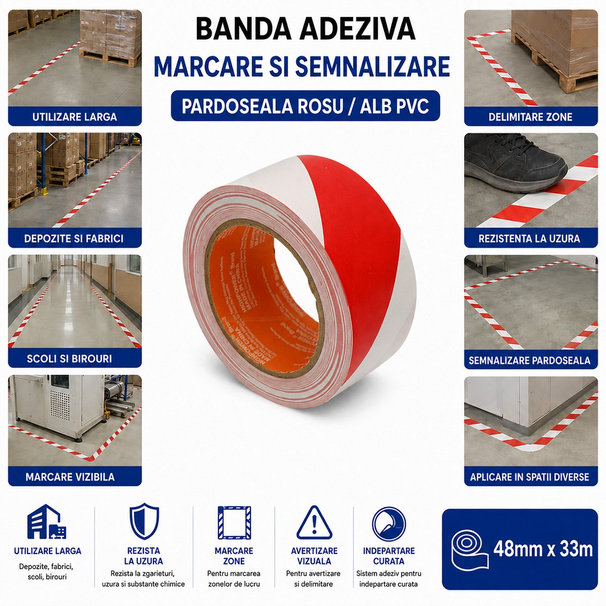 HighPower PVC figyelmeztető és jelölő szalag piros-fehér 48mm x 33m