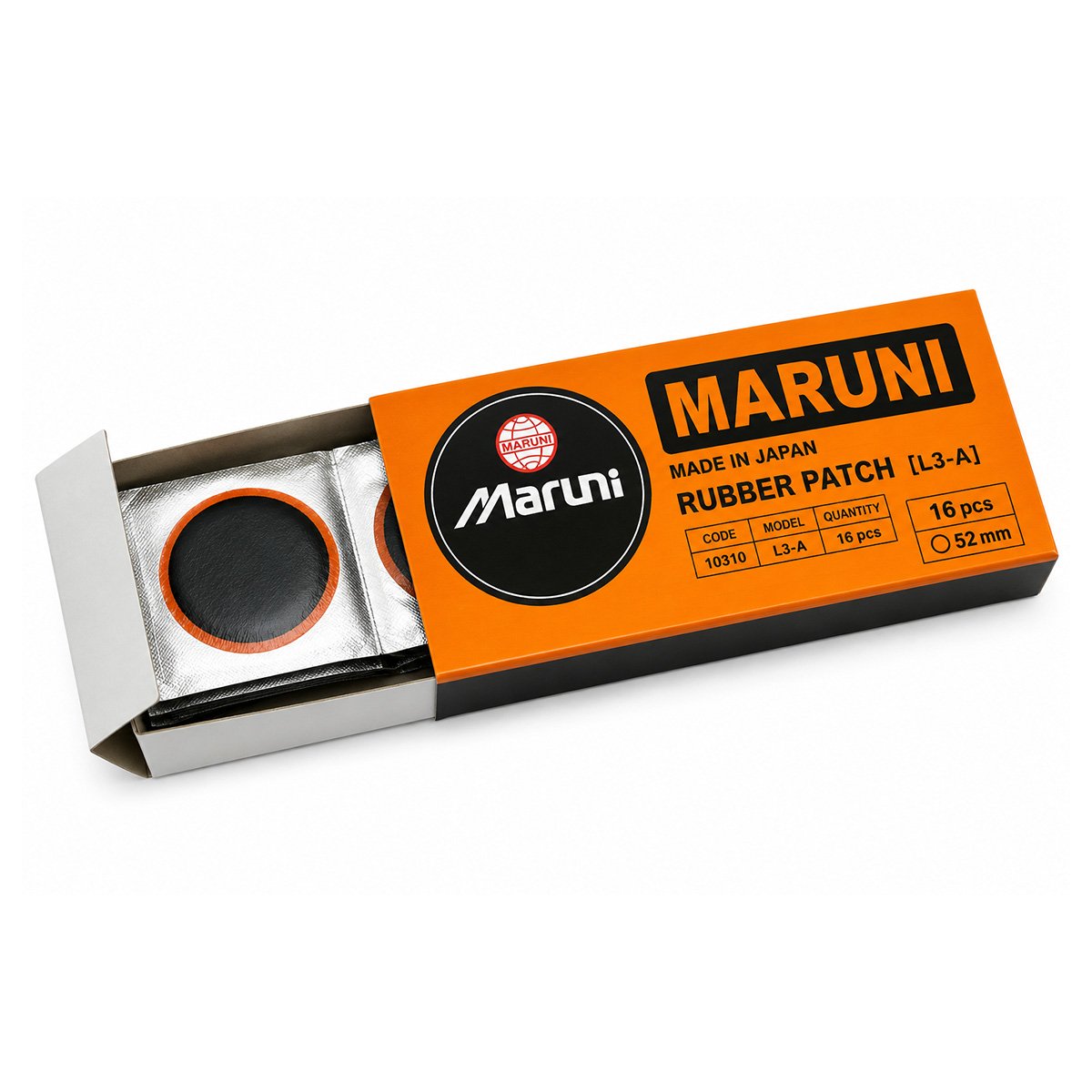 16 darabos Ø52mm vulkanizálási folt készlet + 1 tubus Super Valcarn G 22ml ragasztó légtömlőkhöz L3-A Maruni made in Japan