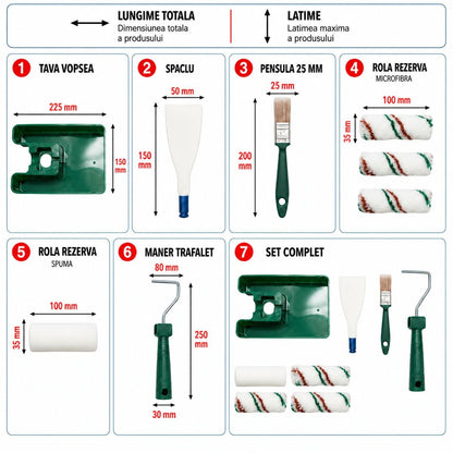 Festés és meszelés szett 10cm-es sablonnal, 2 poliészter henger, 1 mikroszálas henger, 1 szivacs henger, 25mm-es ecset, spatula, 8 részes festéktálca Breckner Germany