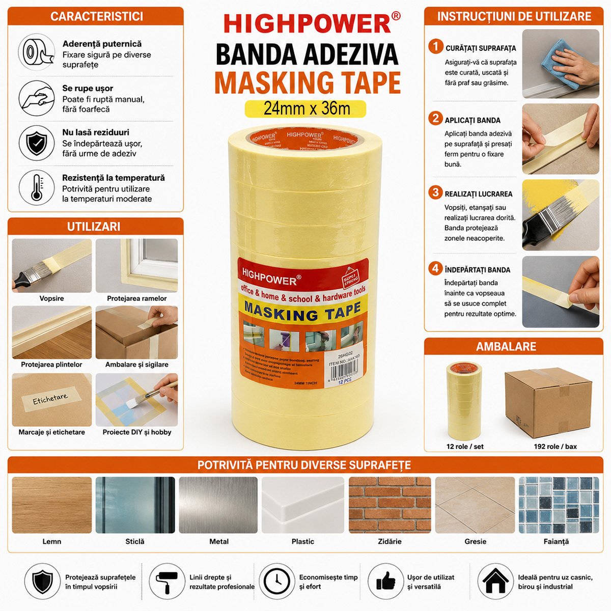 Általános maszkozó szalag 24mm x 36m sárga papírból HighPower