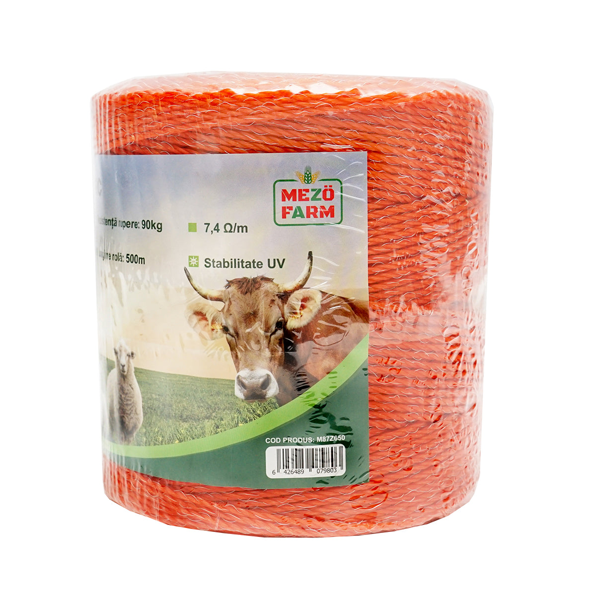 Narancssárga huzal tekercs, 2,5 mm-es menet, fém betét 3x0,15 mm SS, ellenállás 7,4 Ohm/m, 500 m elektromos kerítés Mezofarm